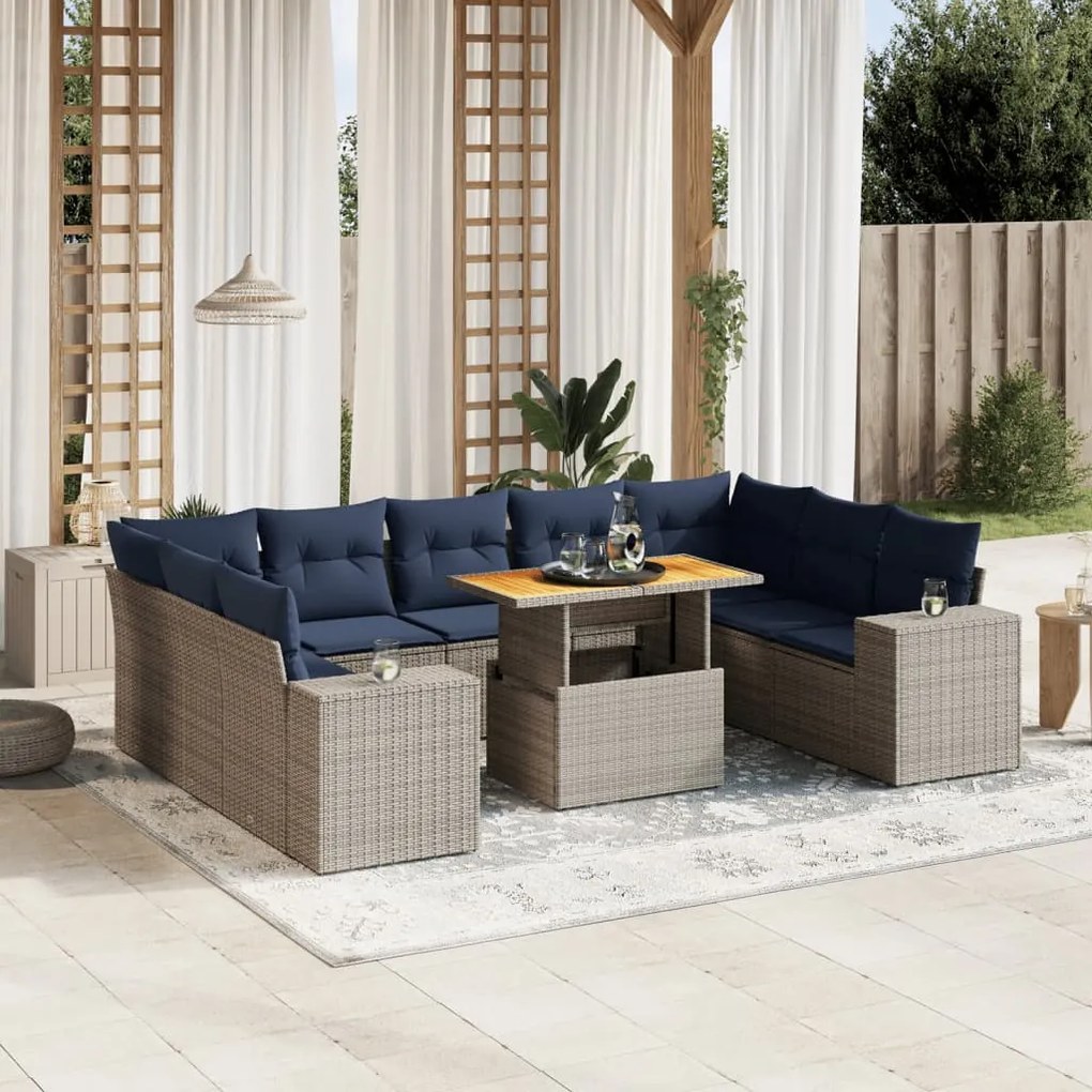 vidaXL 10 pcs conjunto sofás p/ jardim c/ almofadões vime PE cinzento