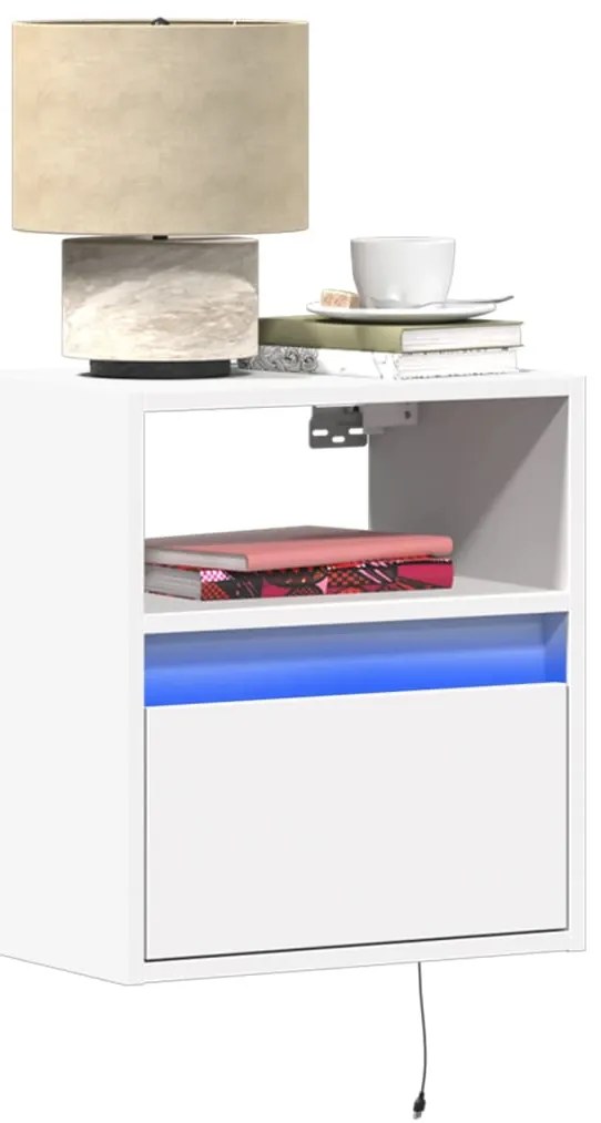 Mesas de cabeceira de parede com luzes LED 2 pcs branco