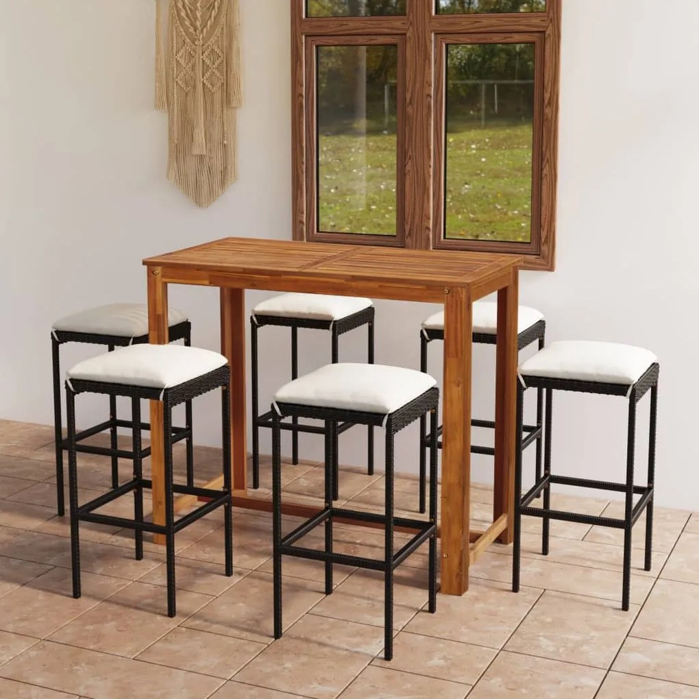 vidaXL 7 pcs conjunto de bar p/ jardim com almofadões preto