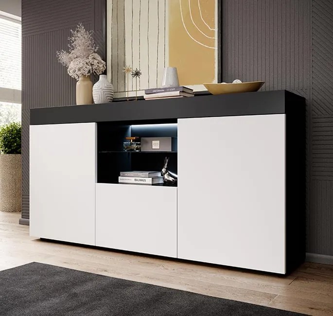 Aparador "Elma" com Luz LED - 135x73x34 cm - Preto e Branco Mate - Des