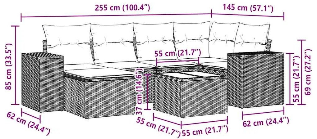 7 pcs conj. sofás jardim com almofadões vime PE cinzento-claro