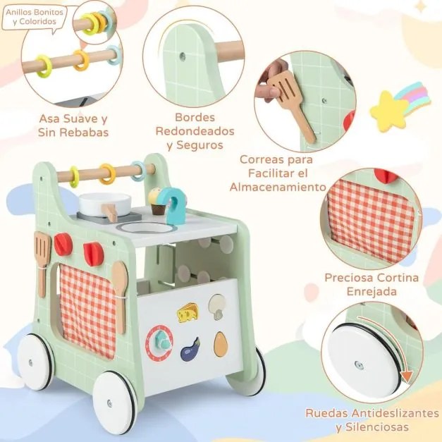 Cozinha de brincar 6 em 1 com carrinho de aprendizagem, jogo de formas, relógio educativo e rodas para bebés com mais de 12 meses, verde