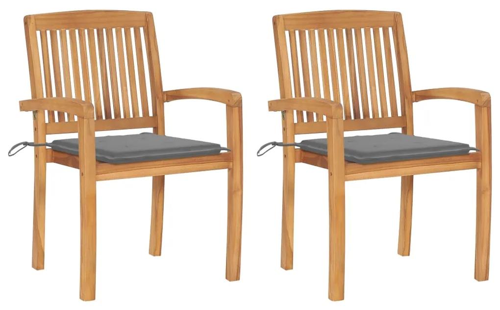 3063253 vidaXL Cadeiras de jardim c/ almofadões cinzentos 2 pcs teca maciça