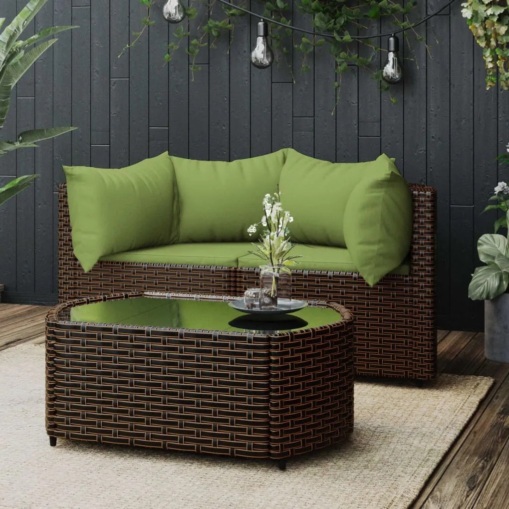 319839 vidaXL 3 pcs conjunto lounge jardim c/ almofadões vime PE castanho