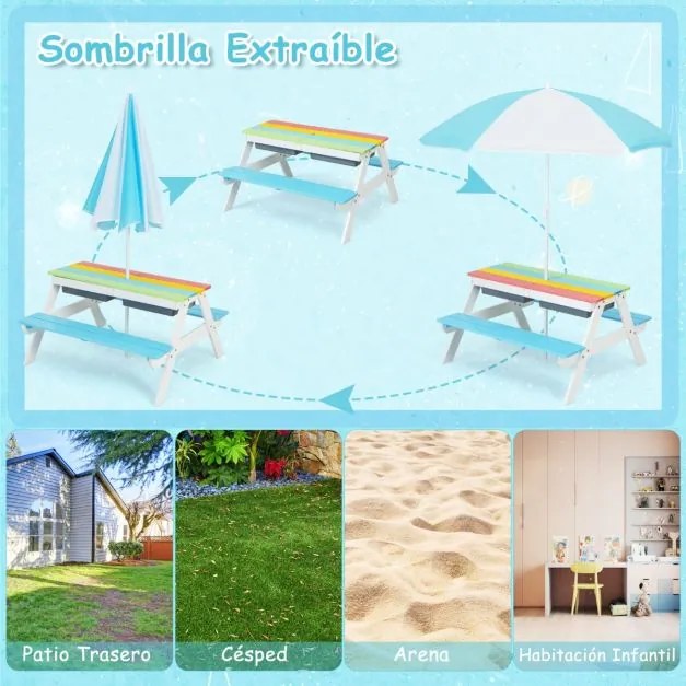 Mesa de piquenique para crianças 3 em 1 com guarda-sol removível e altura ajustável de 117-187 cm para jardim Multicolorido