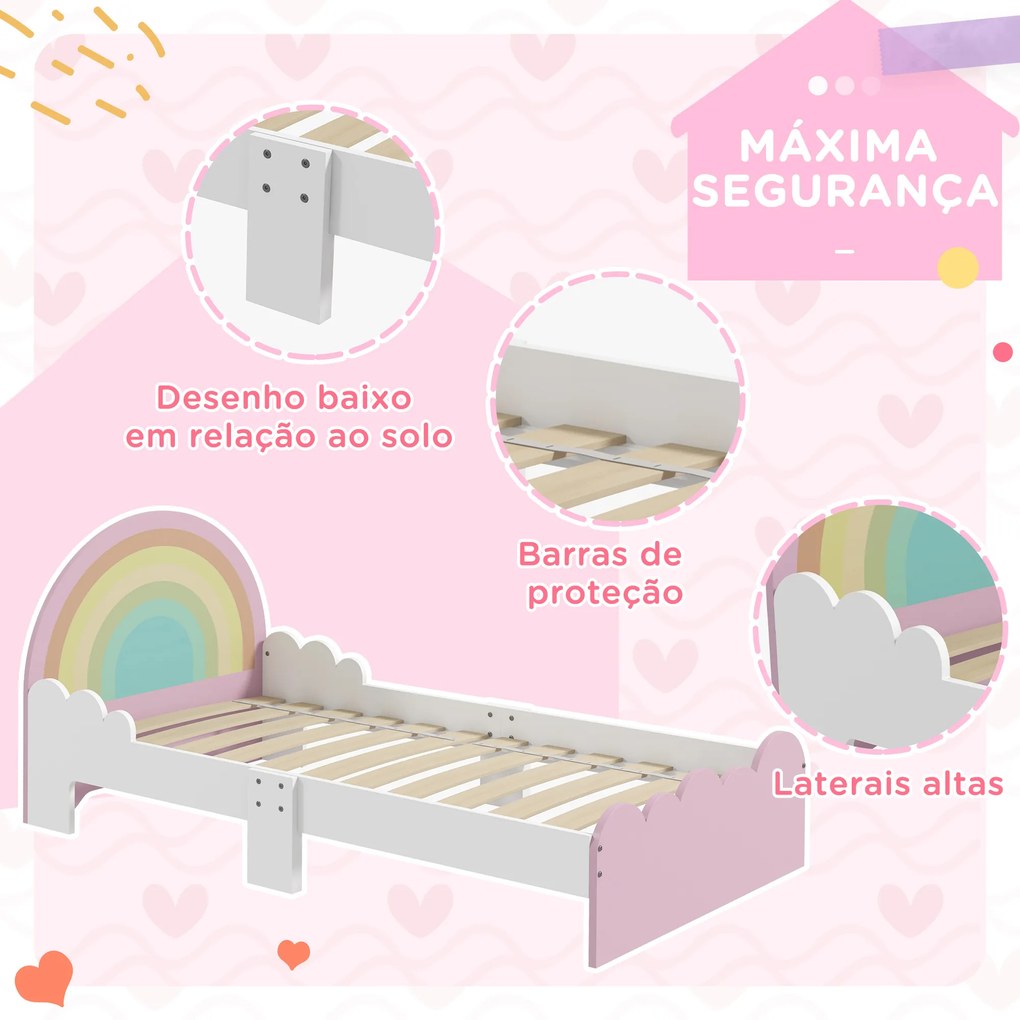 Cama para Crianças de 3-6 Anos 143x74x66 cm (COLCHÃO NÃO INCLUIDO) Cama Infantil de Madeira em Forma de Arco Íris Rosa