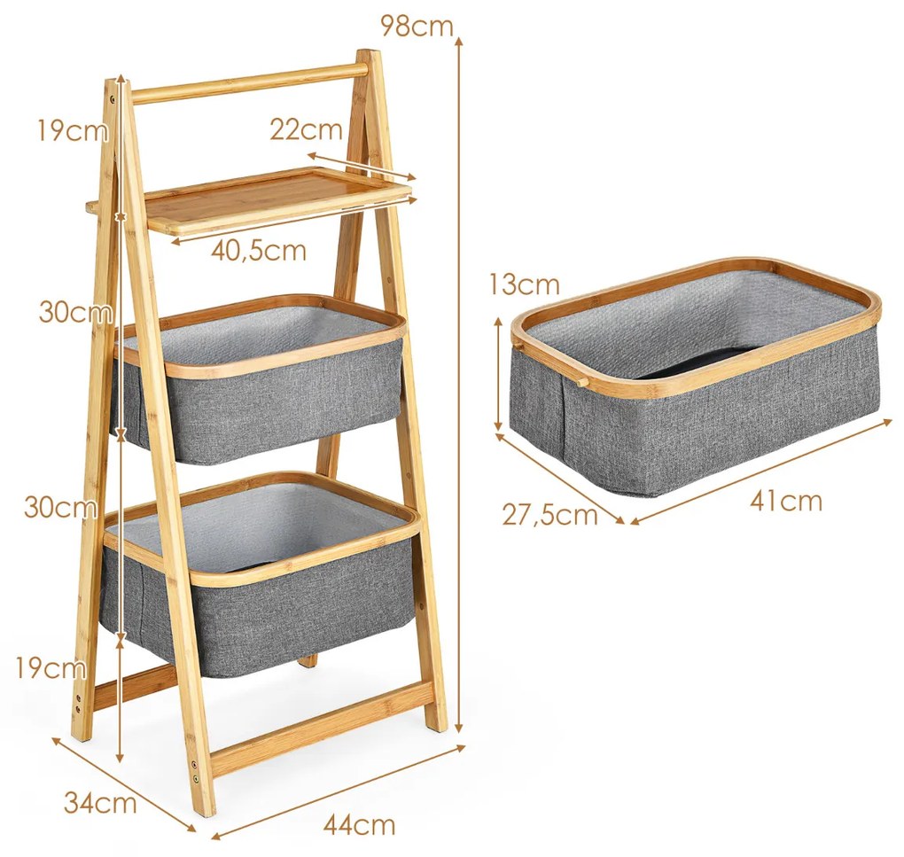 Organizador com 2 Cestos de Roupa de Bambu com Estrutura de Prateleira A Lavandaria de Banho Prateleira Natural e Cinzenta
