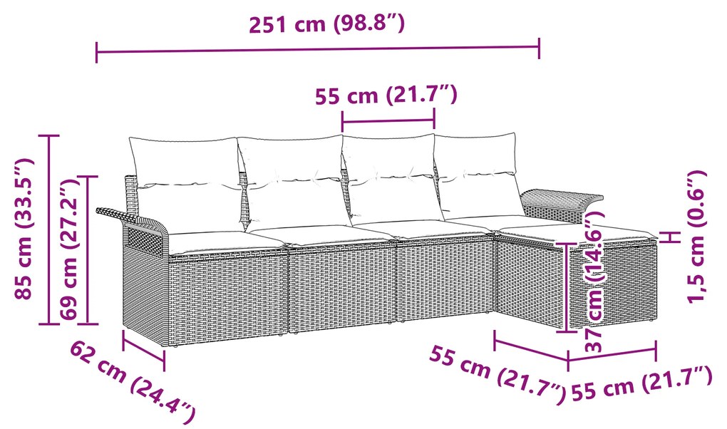 Conjunto de Sofá de Jardim de 5 Peças com Almofadas Cinza em Rattan Po