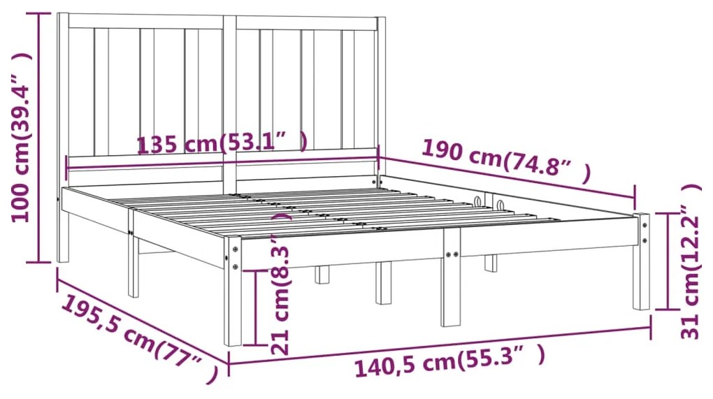 Estrutura de cama dupla 4FT6 135x190 cm pinho maciço preto