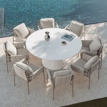 Conjunto De Mesa Redonda Ø150 Cm Em Cimento Numira E 8 Cadeiras De Jardim Com Braços Estofadas E Em Aço Zunika Moka Brown - Sklum