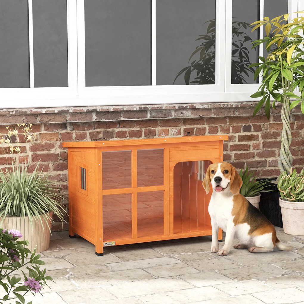 Casota para Cães de Exterior para Cães Pequenos Médios com Teto Asfáltico 2 Janelas Porta com Cortina Transparente e Base Amovível 90x62x71 cm Madeira