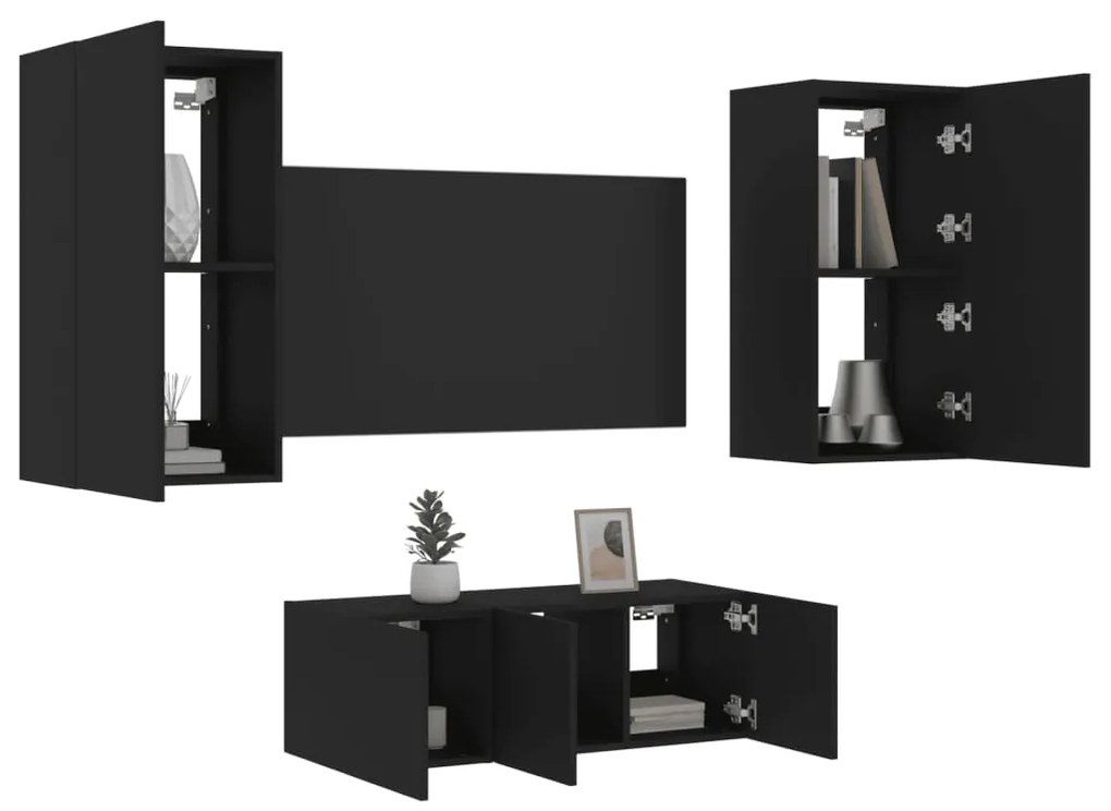 vidaXL 4 pcs móveis de parede p/ TV c/ LEDs derivados de madeira preto