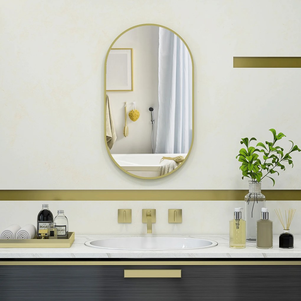 Espelho Casa de Banho Oval 40x3x70 cm Espelho Decorativo de Parede com Estrutura de Liga de Alumínio Horizontal ou Vertical Dourado