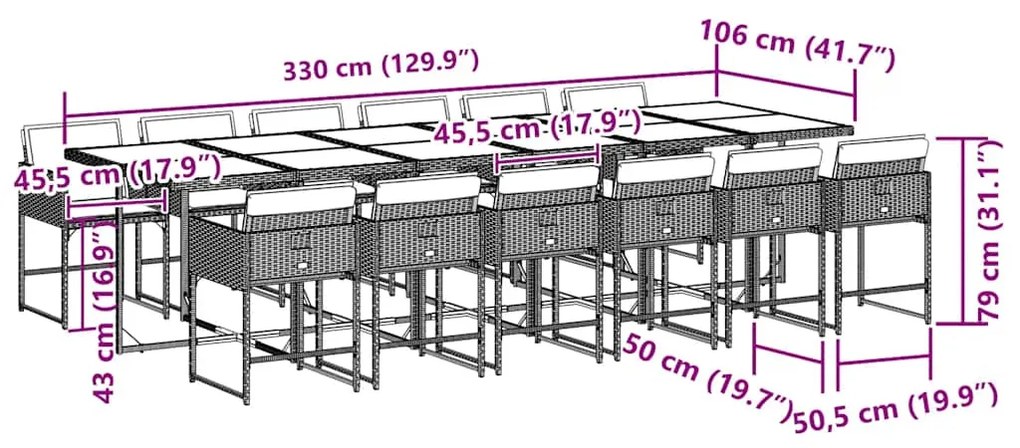 13 pcs conjunto jantar p/ jardim c/ almofadões vime PE cinzento