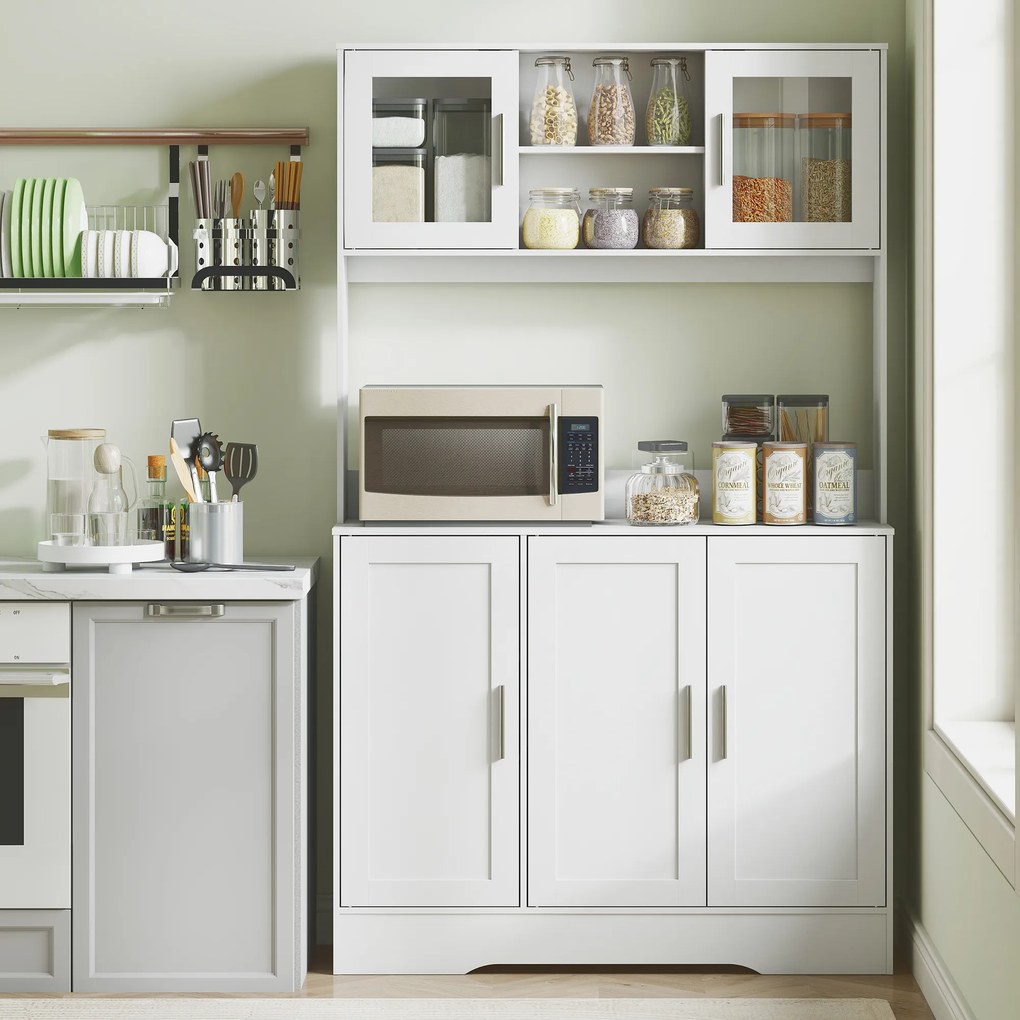 Armário de cozinha de estilo escandinavo 108 x 35 x 180 cm, compartimentos abertos, portas de vidro e bancada, branco