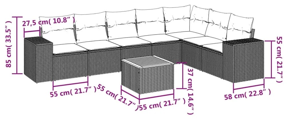 8 pcs conjunto de sofás p/ jardim com almofadões vime PE bege