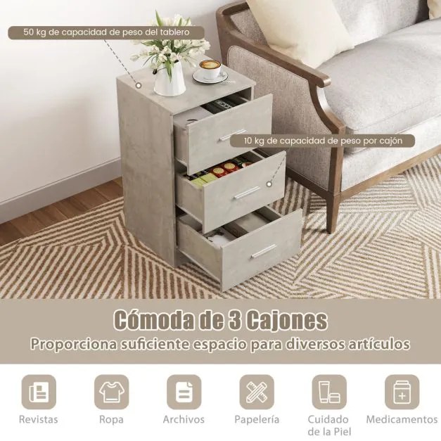 Mesa de cabeceira com 3 gavetas 37 x 34 x 66,5 cm Cinza