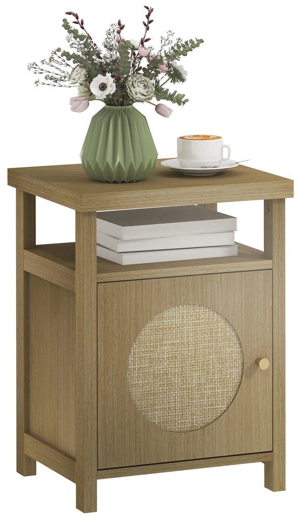 HOMCOM Mesa de Cabeceira com Porta de Vime Mesa de Cabeceira com Prateleira Aberta e Compartimento Móvel Auxiliar para Quarto Sala 40x35x55 cm Madeira