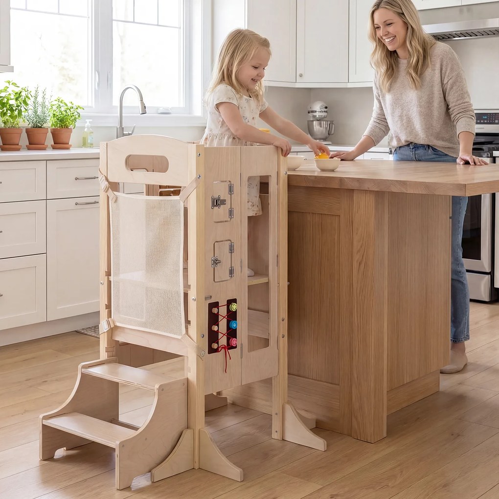 Torre de Aprendizagem Infantil Dobrável, 83,5 x 73 x 93 cm, 3 Níveis Ajustáveis, Natural