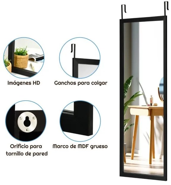 Espelho de corpo inteiro de parede com ganchos para porta Quarto Quarto Sala Vestiário 120 x 37 cm Preto