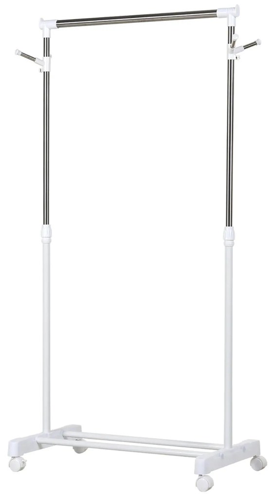 HOMCOM Charriot com Altura Ajustável Cabide com Rodas Portátil Prateleira Inferior Aço 68,5x42x87-145cm Branco e Prata