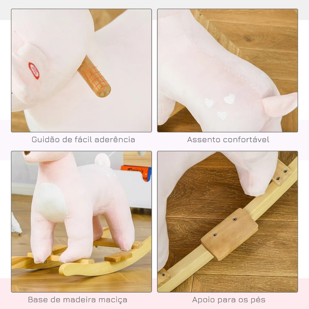 Baloiço Infantil de Cervo para Crianças acima de 3 Anos Baloiço com Sons Realistas de Pelúcia e Base de Madeira Carga 45kg 68x35,5x64cm Rosa