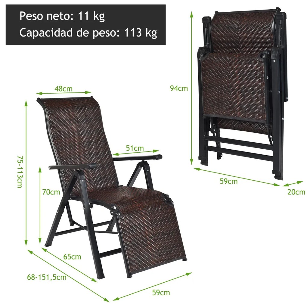 Conjunto de 2 espreguiçadeiras jardim de rattan para exterior dobrável com encosto ajustável para jardim, pátio, praia, interior, Castanho