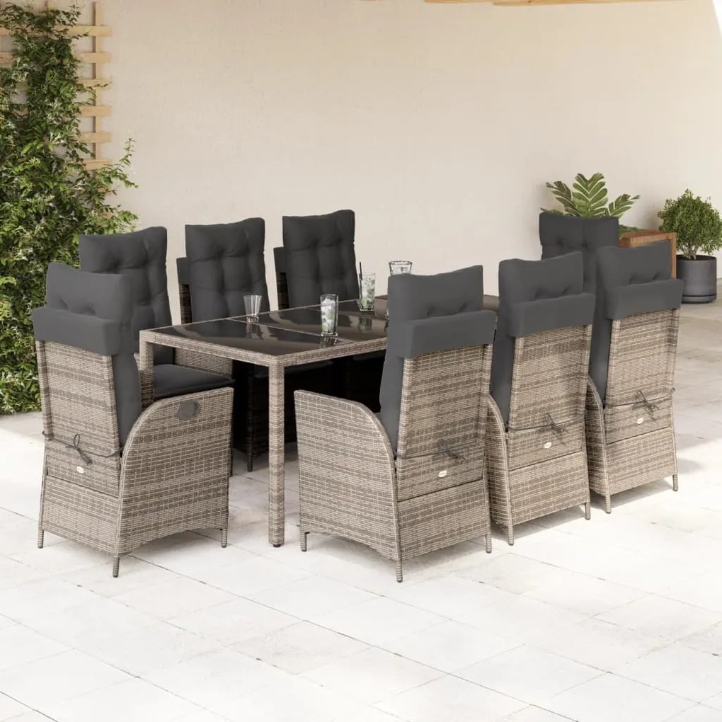 vidaXL 9 pcs conjunto de jantar p/ jardim c/ almofadões vime PE cinza