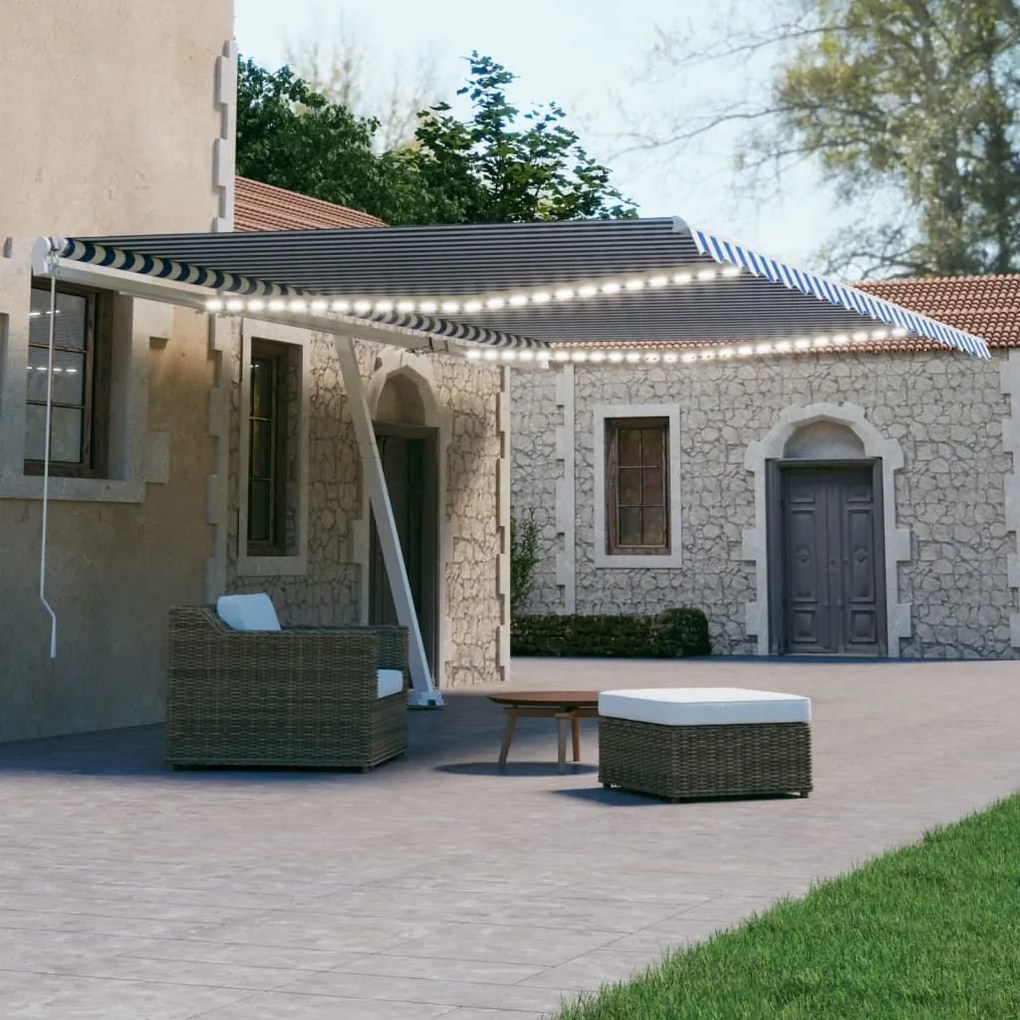 vidaXL Toldo automático LED e sensor de vento 600x300 cm azul e branco