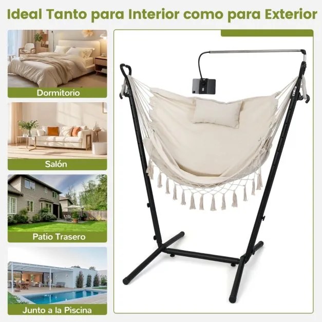 Cadeira de baloiço com suporte de altura ajustável de jardim exterior com estrutura, suporte para telemóvel, almofada e bolso lateral bege