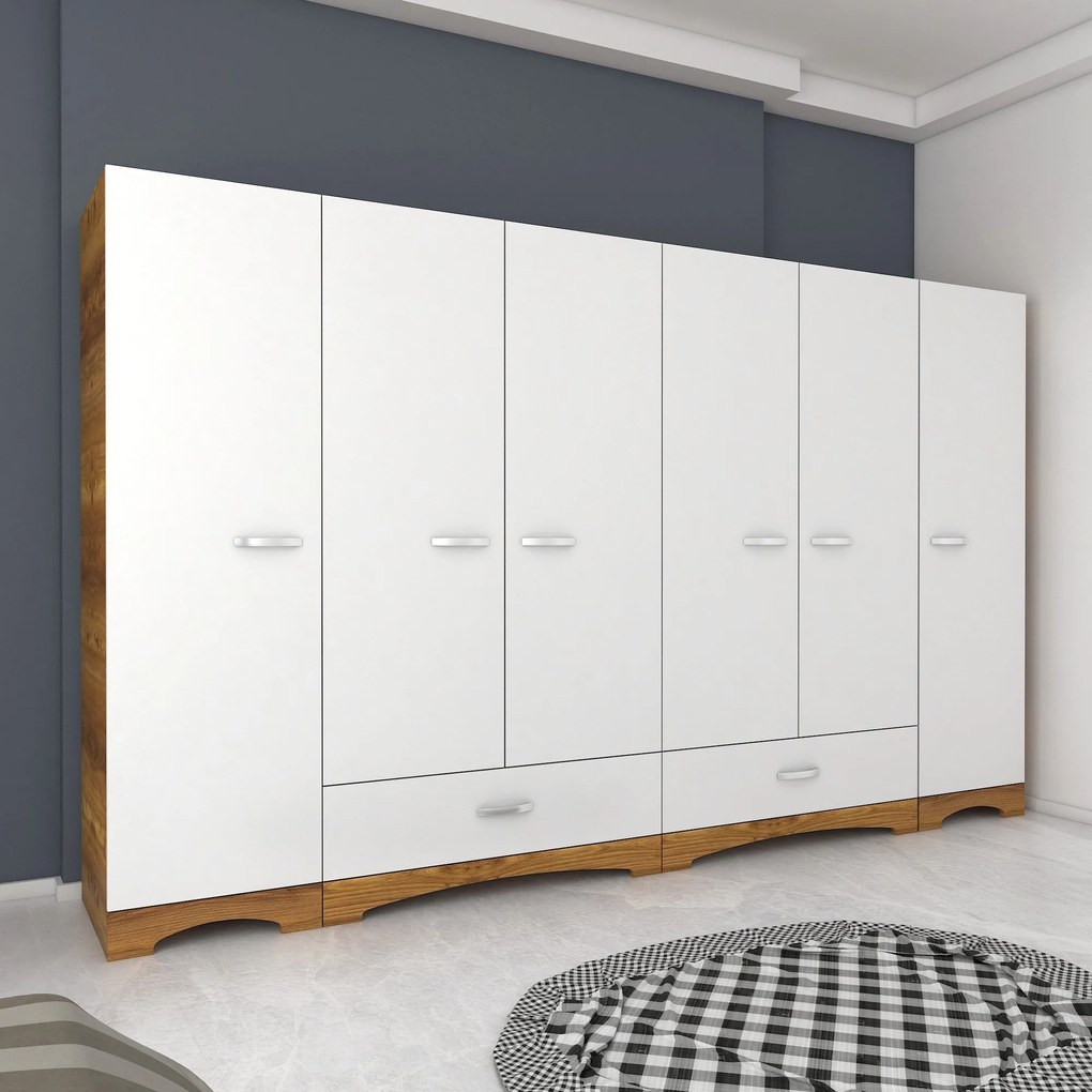 Guarda-roupa F4 – Branco/Nogueira – 243 cm x 181 cm x 47,6 cm