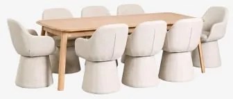 Conjunto De Mesa Extensível 220-320x95 Cm Em Madeira De Carvalho Treveris E 8 Cadeiras De Jantar Com Braços Em Tecido Erica Castanho Roble - Sklum