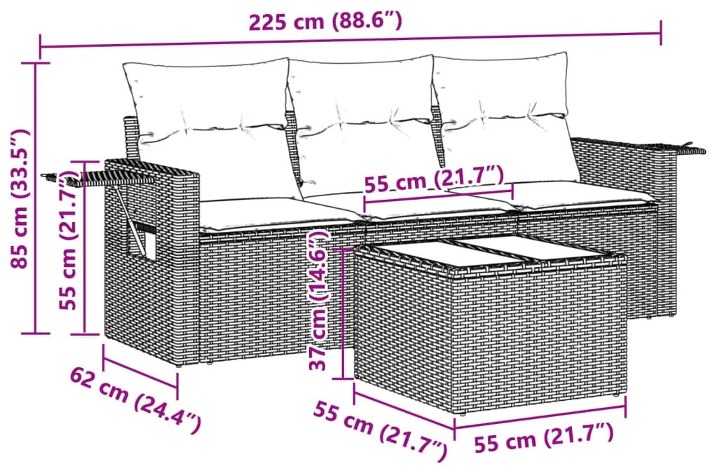 4 pcs conj. sofás jardim c/ almofadões vime PE cinzento-claro