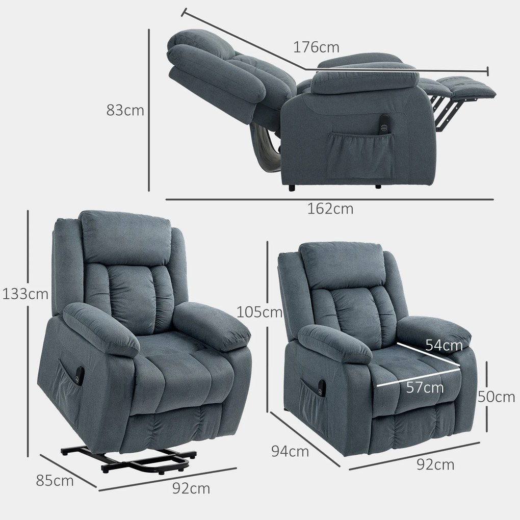 Poltrona Relax Reclinável Elétrica Levanta Pessoas com Porta USB Controlo Remoto Assento Largo Apoio para os Pés Cinzento