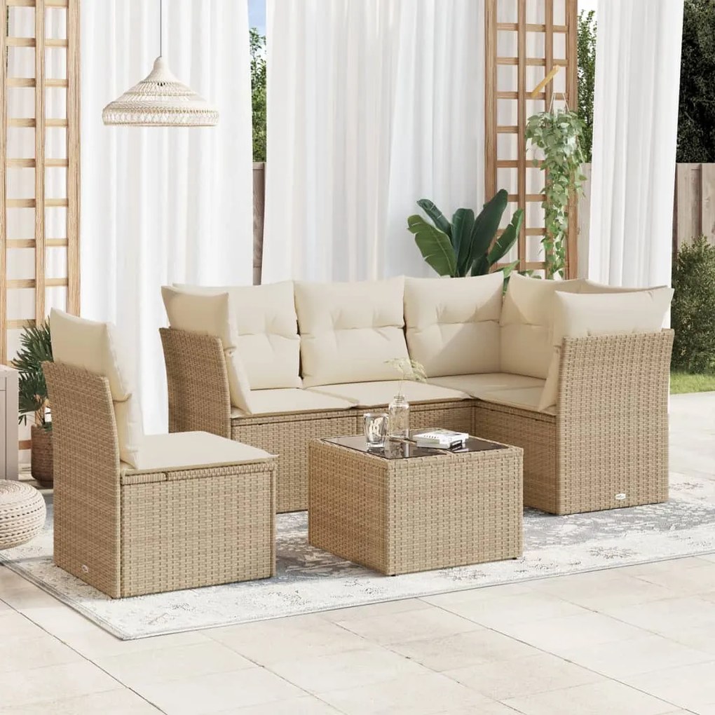 6 pcs conjunto de sofás p/ jardim com almofadões vime PE bege