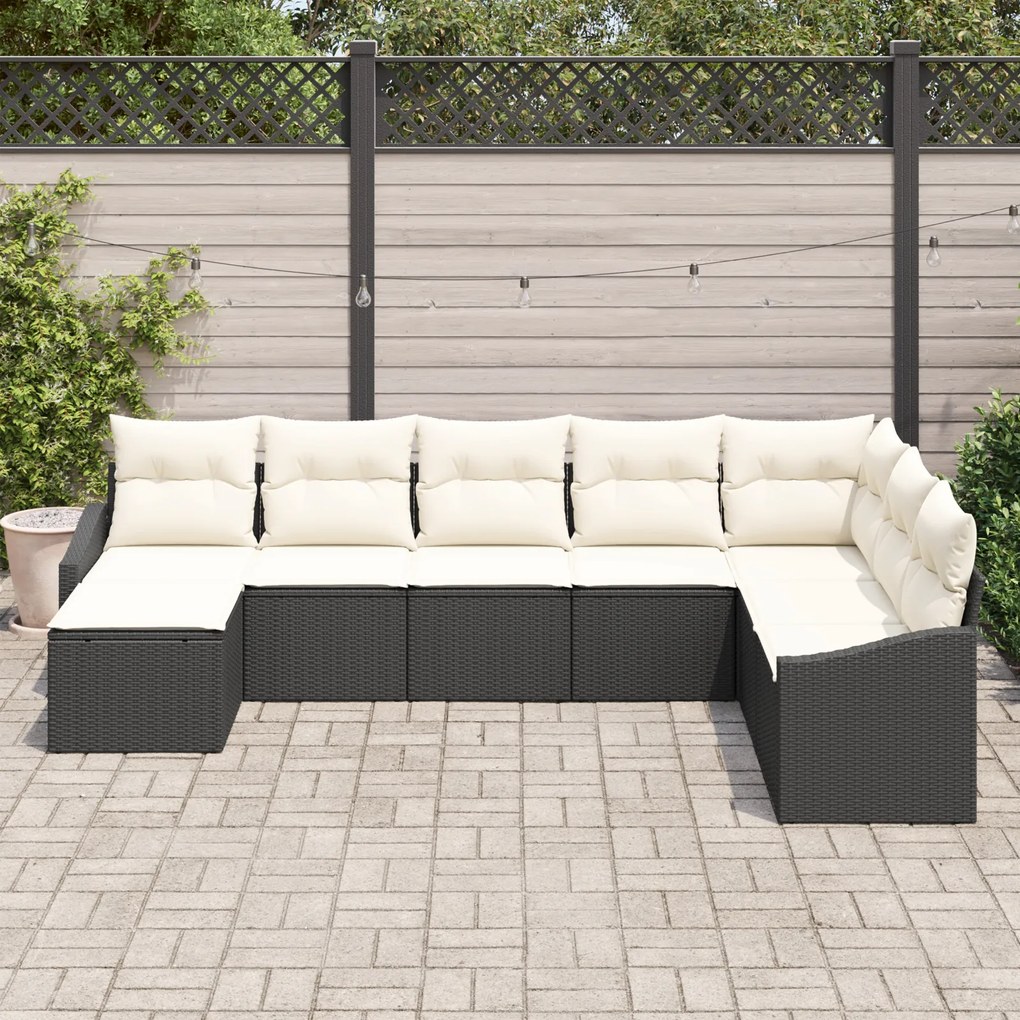 Conjunto de Jantar de Jardim com Almofadas Rattan Poliéster Preto