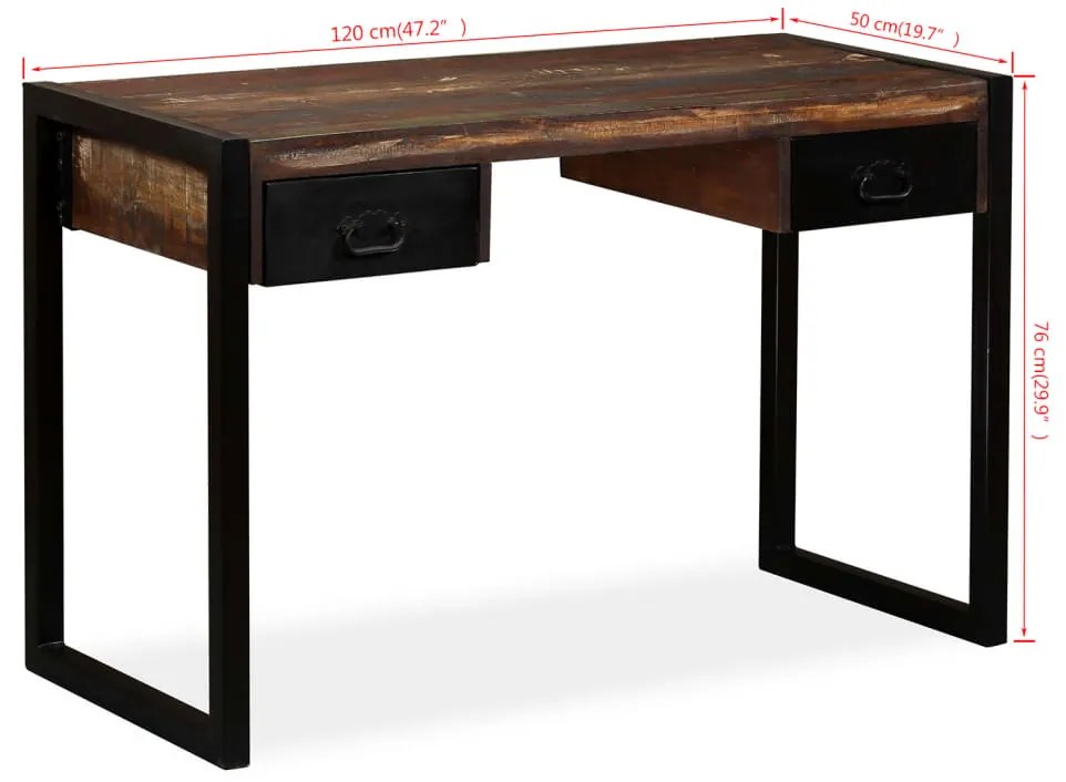Mesa com 2 gavetas madeira recuperada maciça 120x50x76 cm