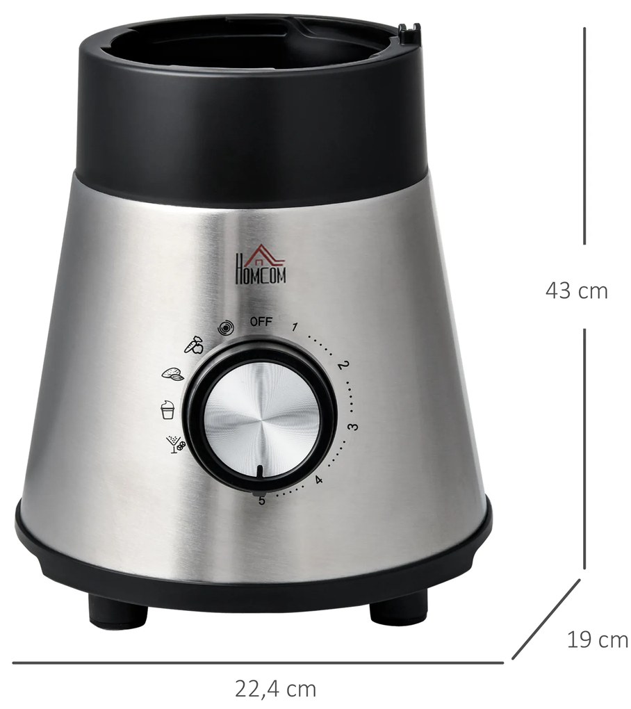 Liquidificadora de 1000W Jarro de Cristal de 1,5L com 4 Programas 5 Velocidades Ajustáveis Lâmina de 6 Folhas Aço Inoxidável e Garrafa Portátil 22,4x19x43cm Preto