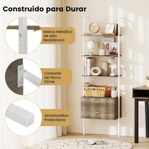 Estante de parede forma de escada com 2 gavetas com estrutura metálica Estante aberta de exposição 60 x 30 x 184 cm Branca