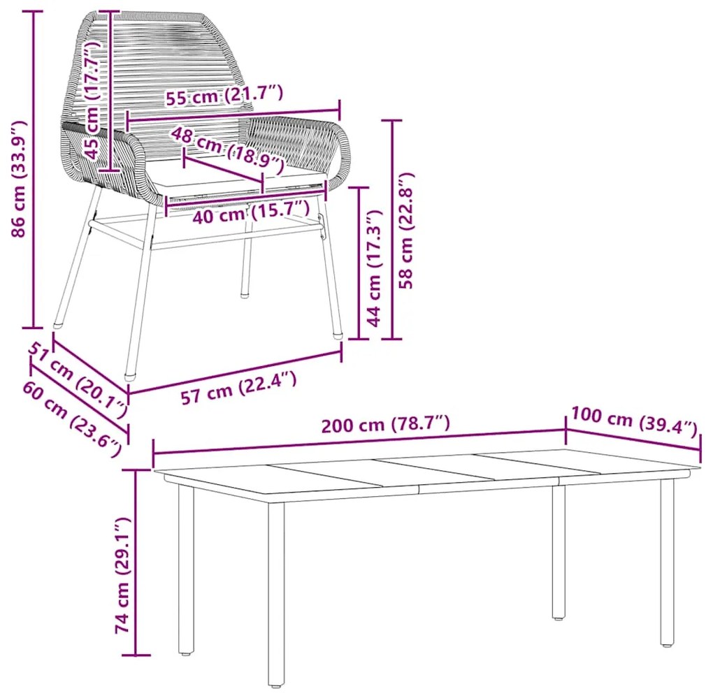 Conjunto jantar jardim 7 peças almofadas vidro vime PE castanho