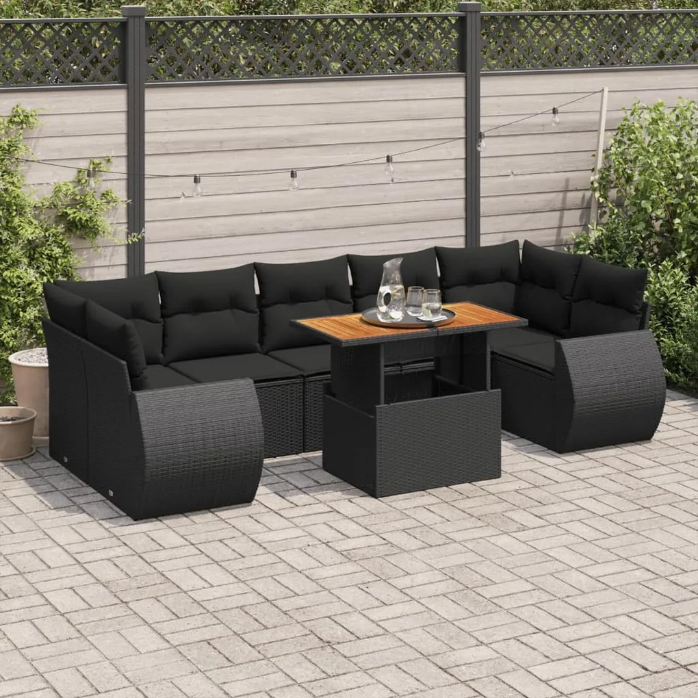 8 pcs conjunto sofás de jardim com almofadões vime PE preto