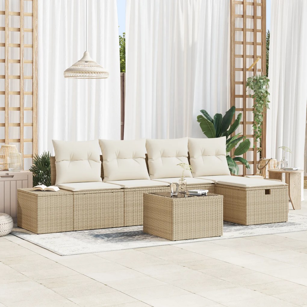 Conjunto de Sofá de Jardim com Almofadas em Bege Vime Poli