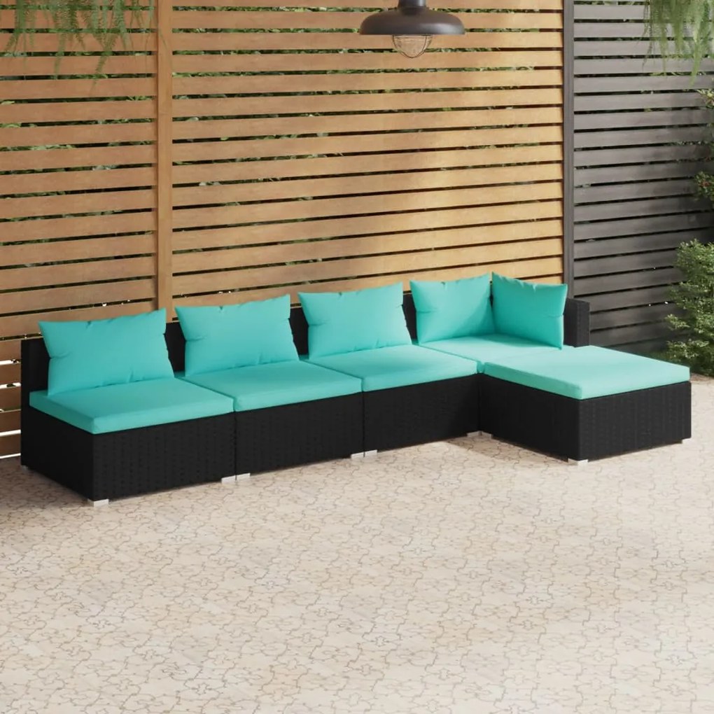 5 pcs conjunto lounge de jardim c/ almofadões vime PE preto