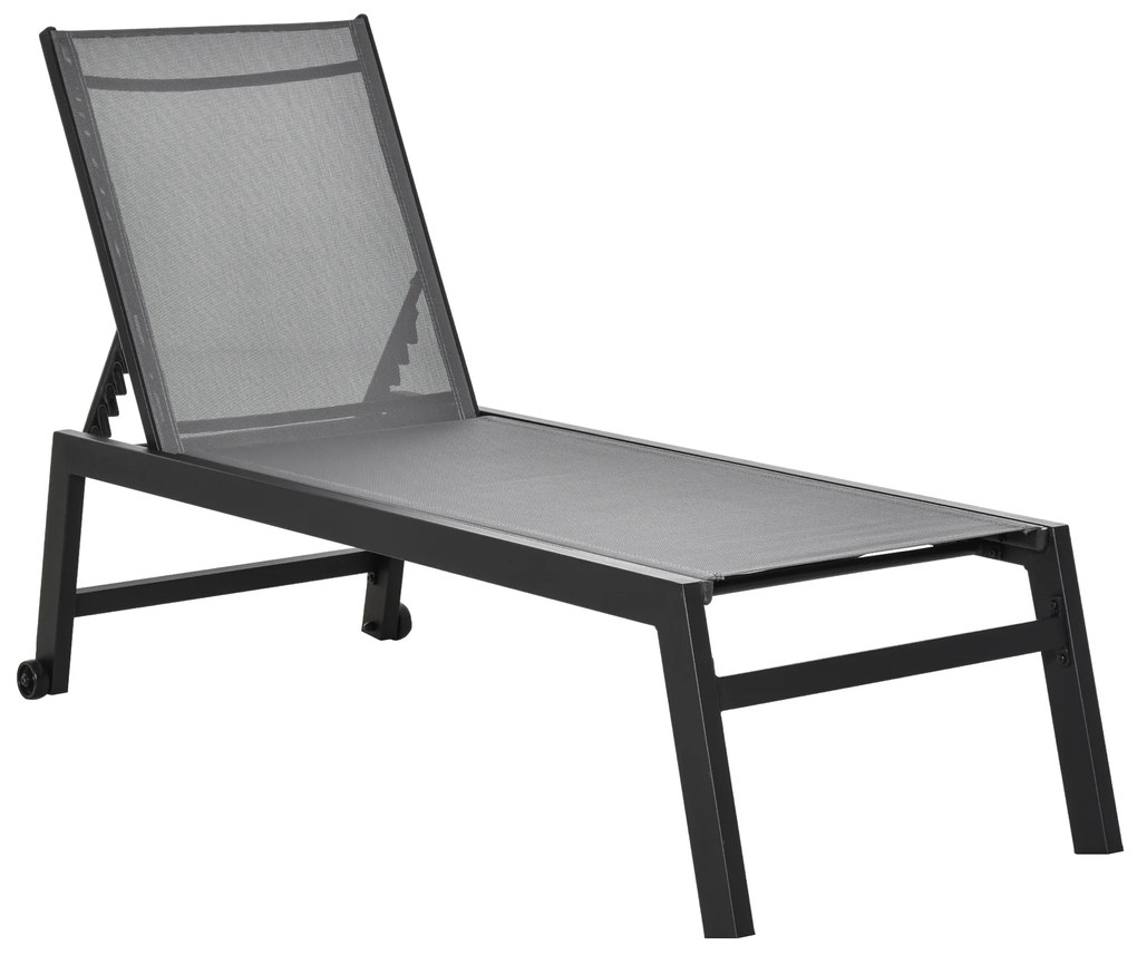 Outsunny Espreguiçadeira de Jardim com Rodas Encosto Reclinável 5 Posições em Alumínio e Textilene Carga 120 kg  169x65x102 cm Cinza | Aosom Portugal