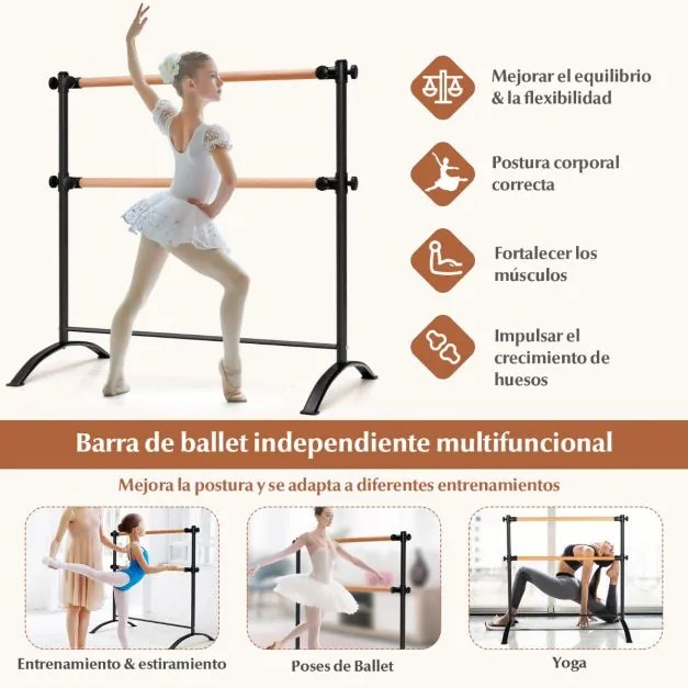Barra de Ballet 120 cm Portátil Barra Dupla Independente Altura Ajustável 56/76/96/116 cm Adultos e Crianças Preto