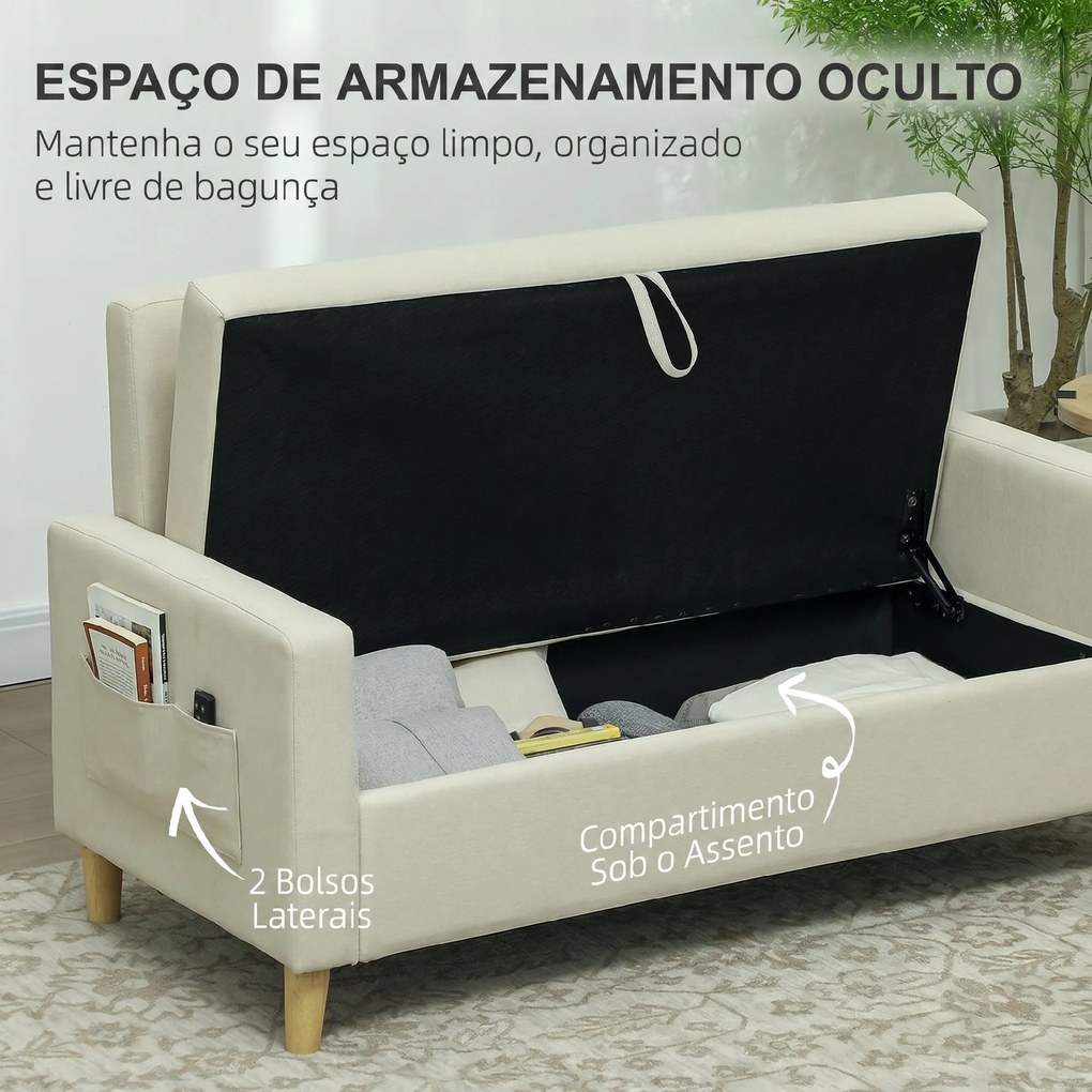 Sofá de 2 Lugares Estofado em Linho Sintético com Espaço de Armazenamento 2 Almofadas e Pés de Madeira 135x71x84 cm Bege