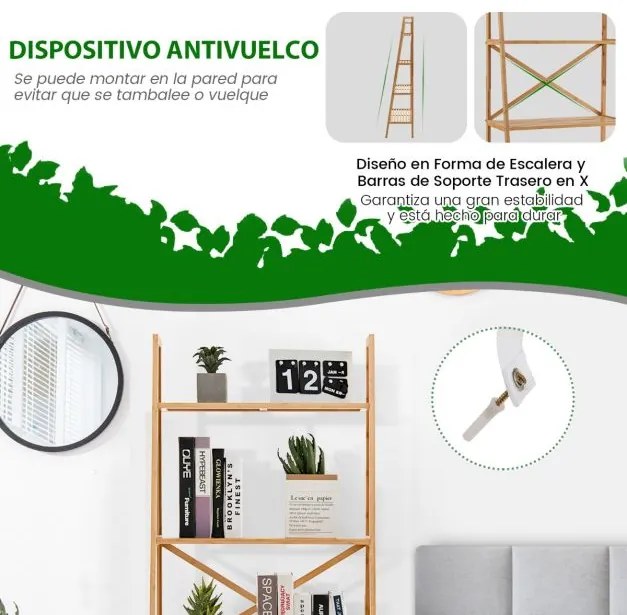 Estante de bambu para escadaria 4 níveis Suporte para plantas Anti-ponta para sala de estar e escritório 60 x 35,5 x 148 cm Natural