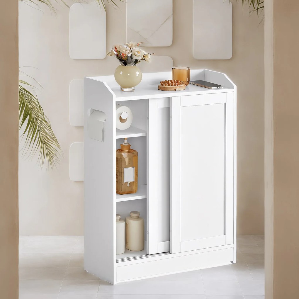 Armário de casa de banho estreito com portas de correr 20 x 60 x 80 cm, prateleiras ajustáveis e suporte para papel higiénico Branco