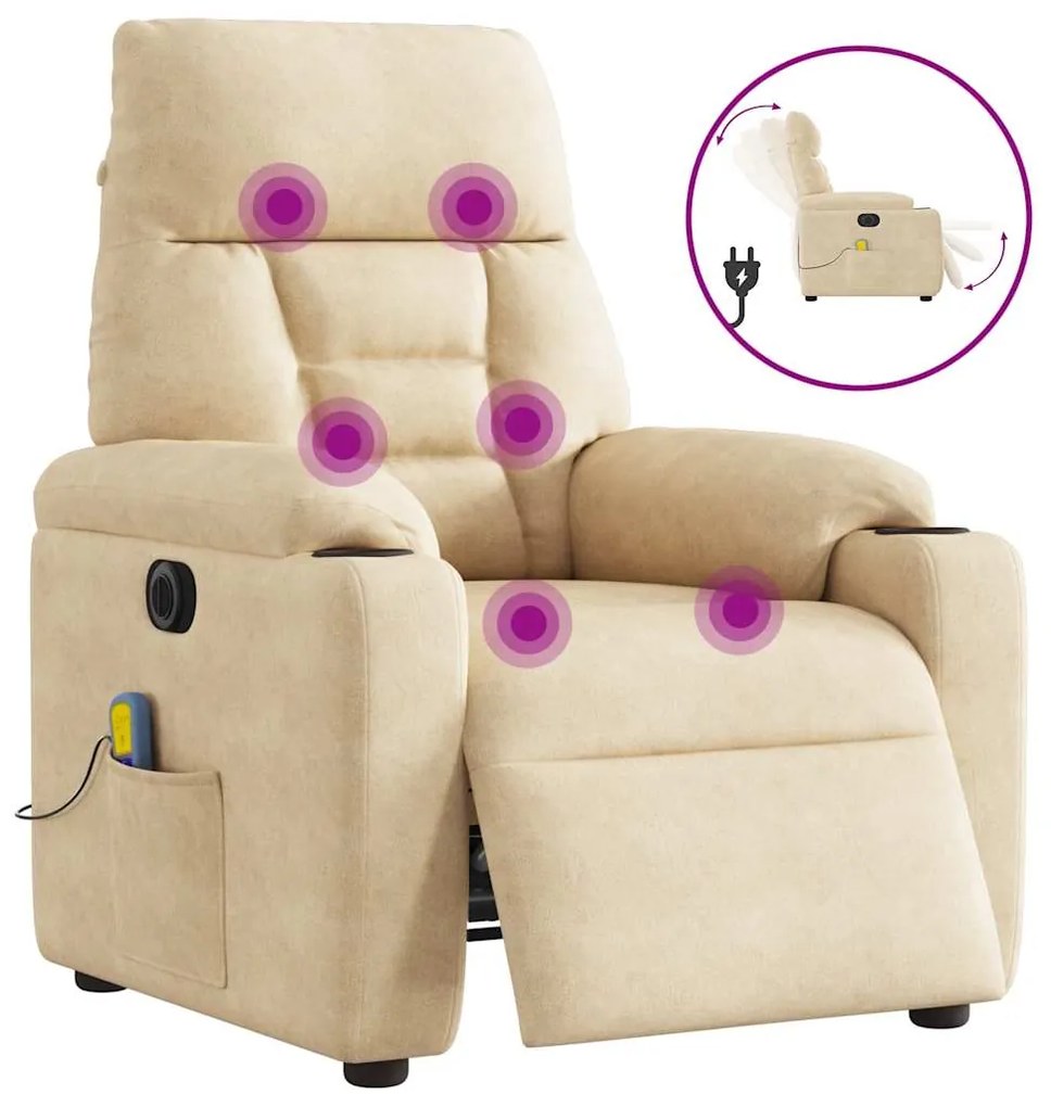 vidaXL Poltrona de massagens reclinável elétrica microfibra cor creme