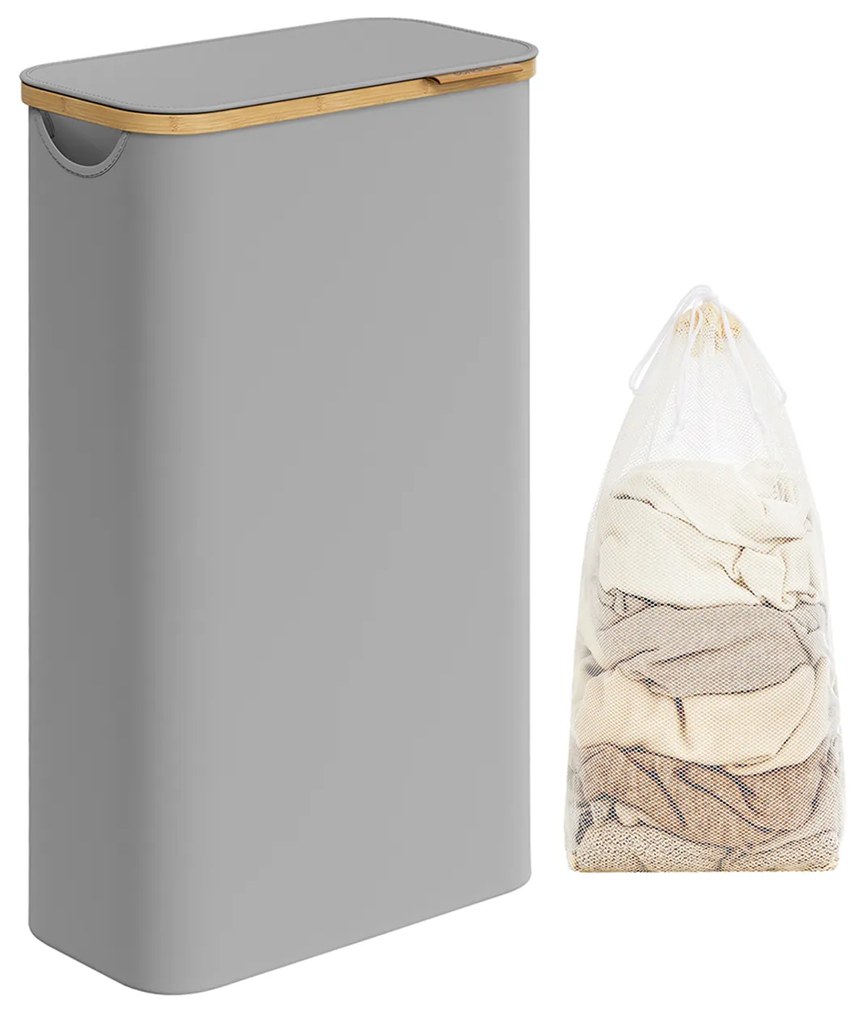 Cesto de roupa suja SONGMICS com tampa, cesto de roupa fino, 65 L, compacto, forro de malha removível, tecido Oxford, alças de bambu, dobrável, 42 x 22,5 x 70,5 cm, cinza-pomba LCB506G01